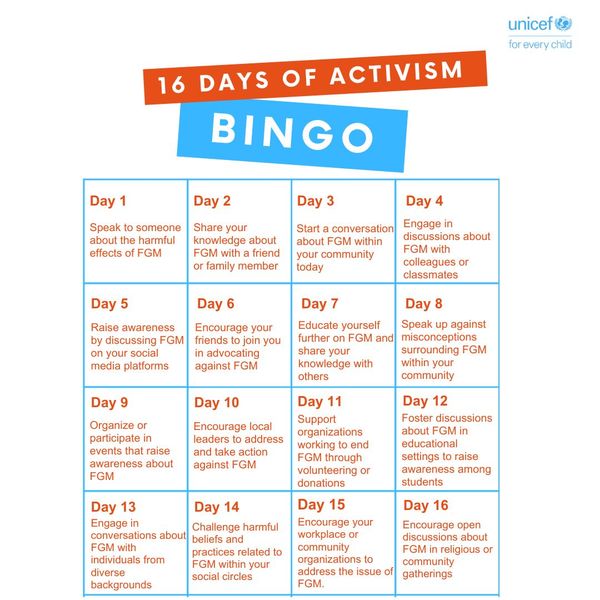 16 Days Of Activism: Join the UNICEF Nigeria Movement for Good to End FGM Bingo Challenge and Act to End FGM!